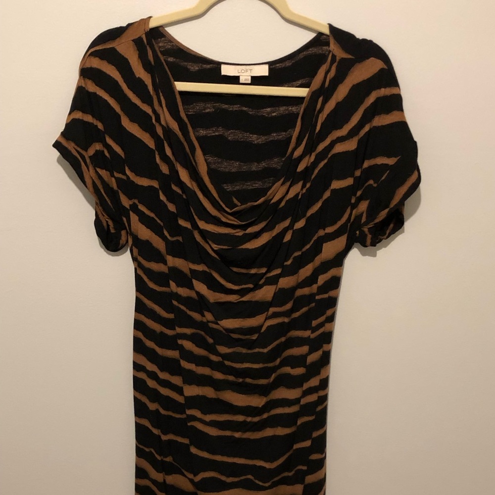 Tan and black tiger striped cowl neck dress
